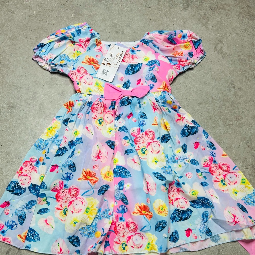 Charming Floral Kids Dress in Pink and Blue